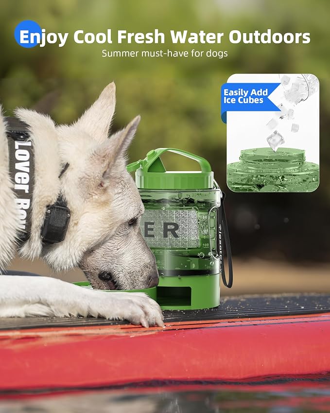 lesotc Portable Dog Water Bowl Dispenser - 77oz Travel Water Bottle with Pop-Out Drinking Bowl, No-Spill Design for Camping, Hiking & Car Rides - Keep Your Dog Hydrated Anywhere, Green