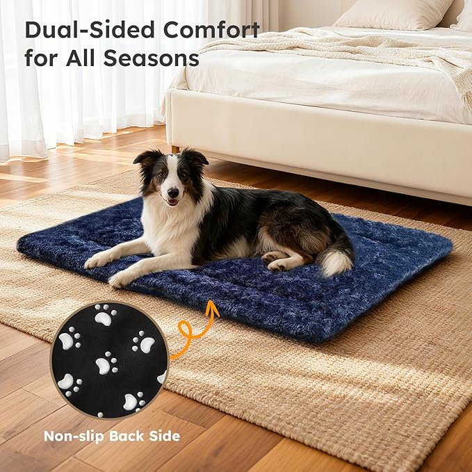 Dog Bed Mat, Dual-Sided Dog Crate Bed Mat - Ultra Soft & Machine Washable Kennel Pad for Small Dogs, All-Season Comfort Pet Bed for Crates, Travel, and Home, Dark Blue 24 x 16 Inch