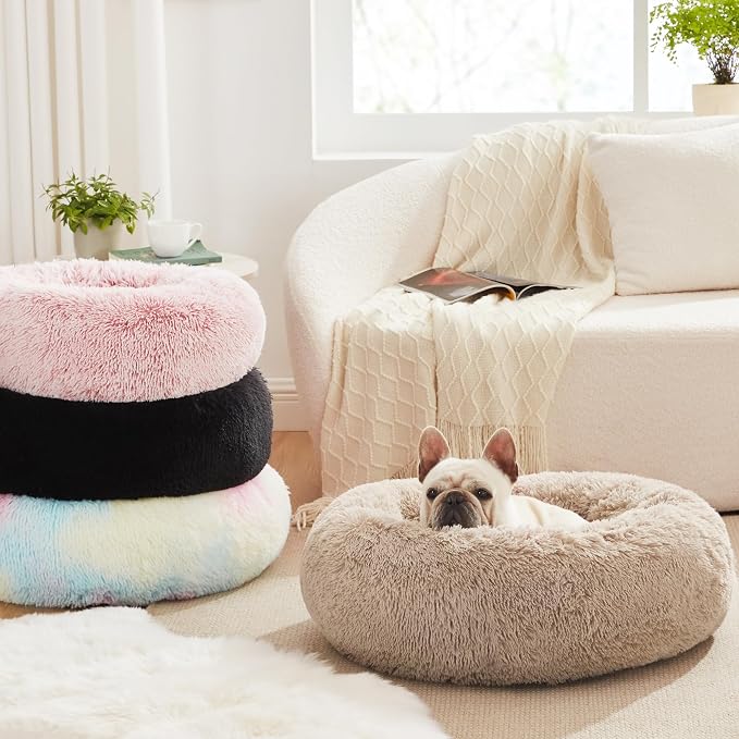Love's cabin Calming Cat Bed for Indoor Cats, Anti-Anxiety Donut Round Dog Bed,Fluffy Faux Fur Washable Pet Bed for Small Medium Dogs and Cats, Taupe, 24in