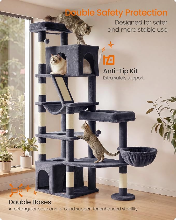 Feandrea 74.1-Inch Cat Tree Tower for Indoor Extra Large Cats, with Scratching Posts, Scratching Board, Multi-Level Design, Dark Gray UPCT016G201S