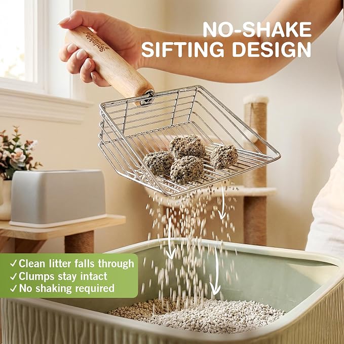 Cat Litter Scoop, Metal Litter Scooper – 5X Faster No-Shake Sifting Design, Stainless Steel Litter Scoop with Holder, Reduces Dust & Waste – Sprinkle & Sweep