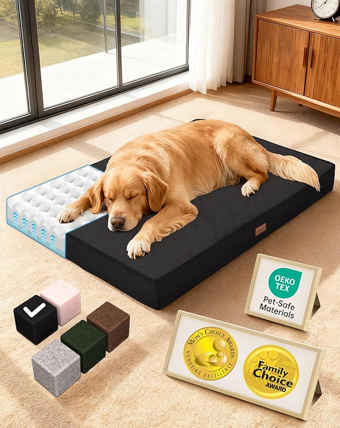 OhGeni Orthopedic Waterproof Dog Bed for Large Dogs, Machine-Washable Removable Cover in Easy-Clean Fabric, Reversible Memory Foam & Easy-Carry Handle, Suitable for Crate, 41 inch (Black)