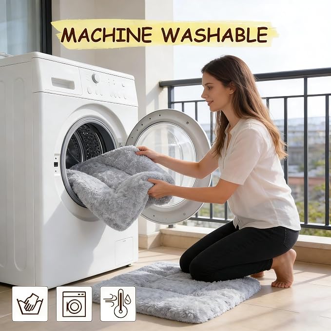 Washable Dog Bed for Small to Large Dogs, Calming Anti Anxiety Medium Dog Bed, Deluxe Plush Faux Fur Crate Beds, Comfy Fluffy Kennel Pad Pet Sleeping Mat with Non-Slip Bottom, 35"x22", Gray