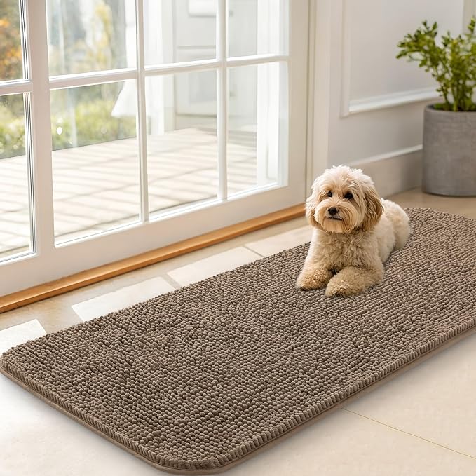 OLANLY Dog Door Mat for Muddy Paws 47x20, Super Absorbent Chenille Mud Mat | Tan, Absorbs Moisture and Dirt, Non-Slip Machine Washable Doormat, Quick-Drying Indoor Entryway Floor Carpet for Dogs