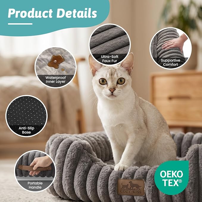 COZY KISS Orthopedic Pet Bed for Small Cats - Washable Rectangle Pet Bed with Anti-Slip Bottom, Soft Calming Cat & Puppy Bed for Indoor Pets (20"x18"x6", Grey)