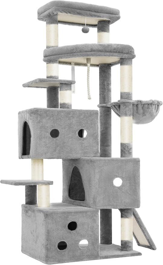 Heybly Cat Tree, 74-Inch Streamlined Cat Tower for Large Cats HCT061W | Cat Furniture with 3-Tier Stacked Condos, Large Perch, Sturdy Base, Full Sisal Scratching Posts & Ramp, Light Gray