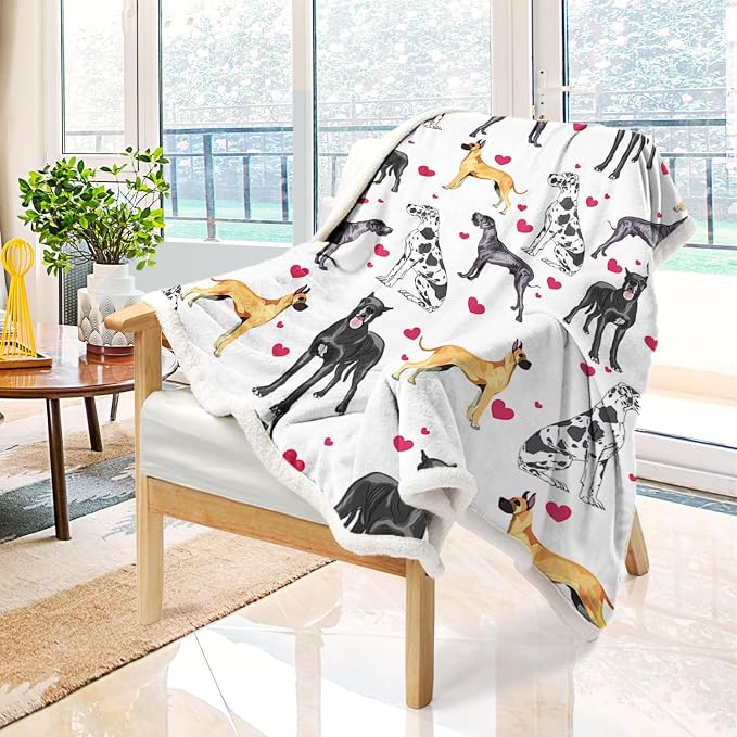 BlessLiving Great Dane Dog Blanket Red Heart Puppy Print Sherpa Fleece Throw Blanket Funny Dog Portrait Plush Blankets (Queen, 90 x 90 Inches)