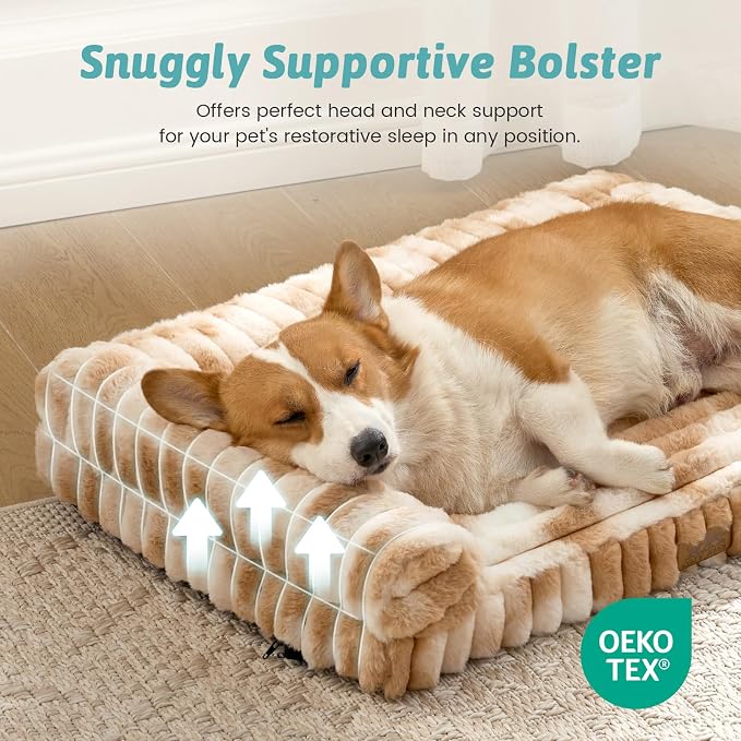 COZY KISS Ultra Soft Faux Rabbit Fur Dog Bed for Small Dogs – 30"x20" Orthopedic Foam Couch, Removable Washable Cover & Waterproof Lining, Tie-Dye Brown
