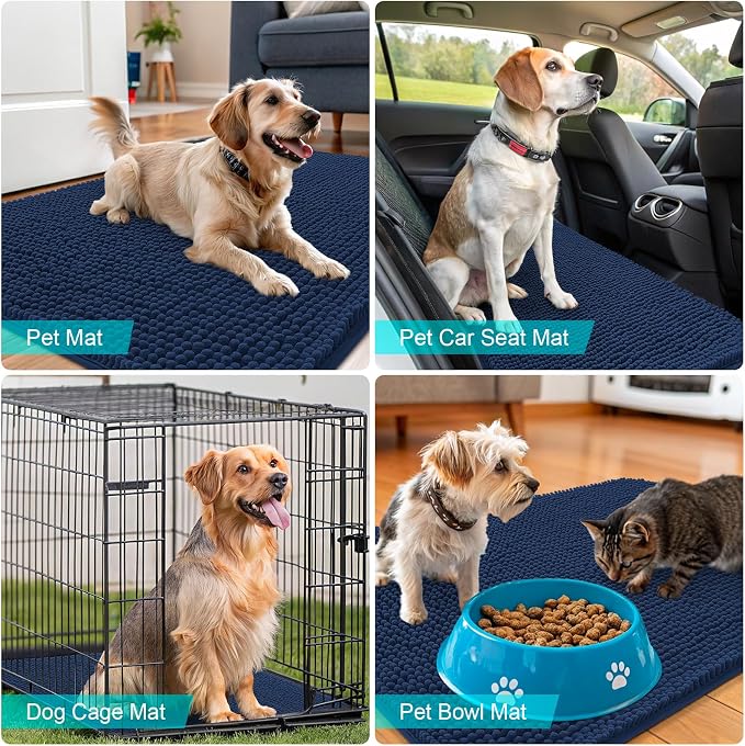OLANLY Dog Door Mat for Muddy Paws 59x24, Super Absorbent Chenille Mud Mat | Dark Blue, Absorbs Moisture and Dirt, Non-Slip Machine Washable Doormat, Quick-Drying Indoor Entryway Floor Carpet for Dogs