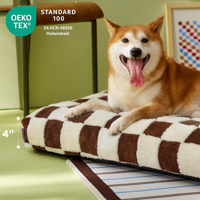 LE SURE Dog Beds Large Sized-Thick Shredded Chopped Foam Checkered Pet Bed as Gift for Indoor as Christmas Bed Gift with Removable Cover, Cute Modern Fuzzy Plush & Anti Slip Bottom, Brown