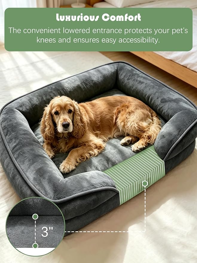 Spotted Play Orthopedic Dog Bed with Sides - Sofa Beds for Large Dogs, Supportive Foam Pet Couch Bed with Washable Removable Cover, Waterproof Lining and Non-Slip Bottom, Dark Grey - L
