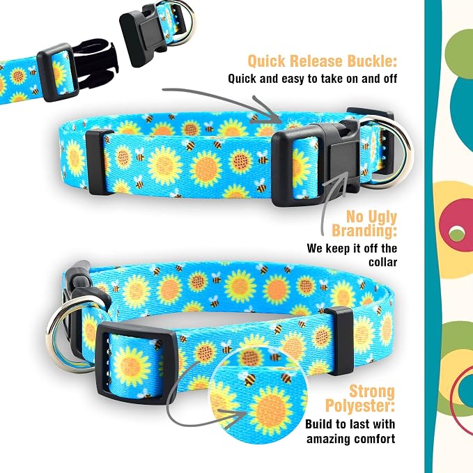 Native Pup Flower Dog Collar, Adjustable Small Medium Large, Cute Girl Female Summer Spring Pretty Designer Puppy Essentials Accessories, Pink Floral Blue Daisy Rose (Small, Sunflower)