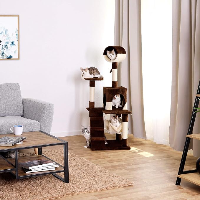 lionto Scratching Tree for Cats with Hammock & Tunnel, Height 52,4 in, cat Tree with sisal Rope & Soft Plush, Cozy Lying Areas & Caves, Suitable for Small & Large Cats, Beige/Brown