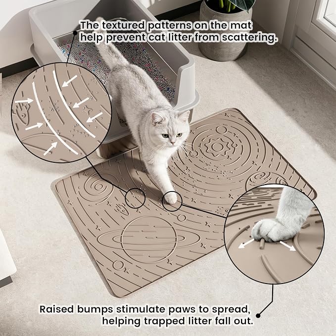 OHMO Cat Litter Mat Medium 23.6x15.7in, Beige Silicone Rubber Scatter Control Kitty Litter Box Trapping Mat, Waterproof Easy to Clean, Odorless Pet Supplies, Indoor Cat Essentials