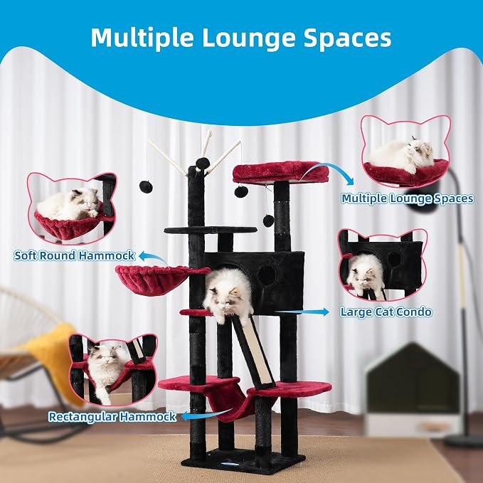 Hey-brother Cat Tree Tower with Padded Platform Bed, Hammock, MPJ019-SBR | 53 Inches Cat House with Large Cozy Condo, Toy Balls and Sisal Scratching Posts for Indoor Multi-Cats, Black and Red