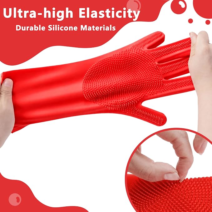 Pet Grooming Gloves—Dog Washing Gloves with High-Density Teeth, Dog Bath Scrubber with Enhanced Five Finger Design, Silicone Gloves for Dogs and Cats Bathing, Massage (Bright Red)