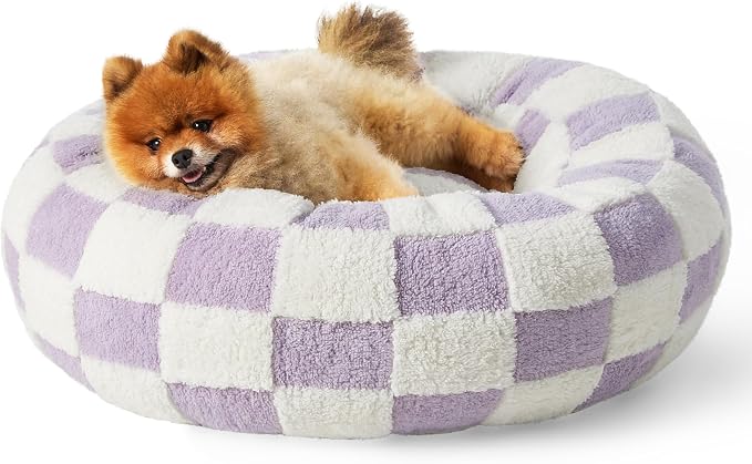 LE SURE Shown on TV Donut Small Dog Bed - Round Cat Beds Indoor Anti-Anxiety Calming Gift for Pets, Cute Modern Home Decor Beds with Jacquard Shaggy Plush & Anti Slip Bottom, 23 Inch, Purple