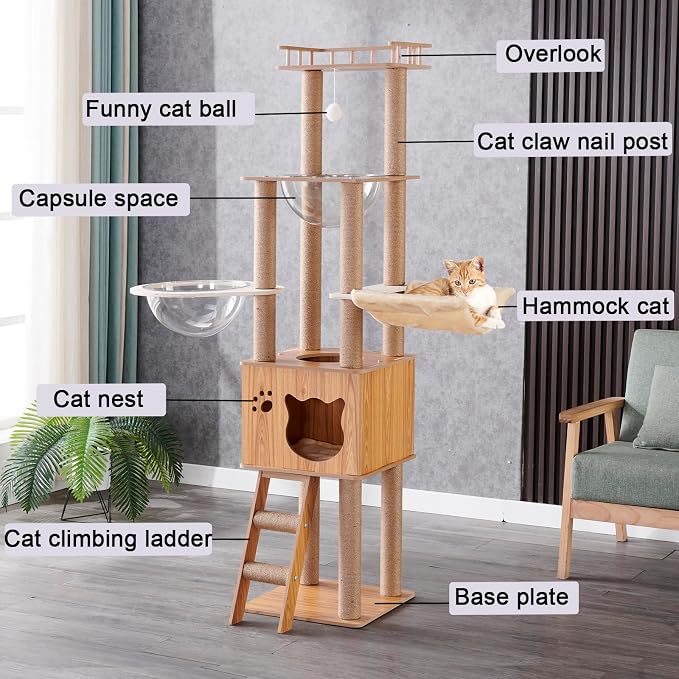 61'' Wooden cat Tree with cat Condo, Cat Stairs Scratching Posts, 2 Bowl,Sisal Scratching Posts,Cozy Cat Hammock and Top Perch. Cat Tree for Large Cats.