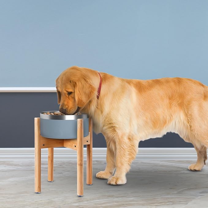 Dog Bowl Stand for Large Dogs - Adjustable, Easy Fold-Down | Use to Elevate Raise Dog Food, Water and Slow Feeder Bowls, Lock-Bolts and Tool Added, Foot-Padded, Bamboo Stand Only