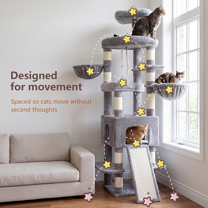Heybly Cat Tree, 82.7″ Extra Tall Cat Tower for Large Cats Adult HCT063W | Giant Cat Condo with Multi-Level Platforms, 2 Baskets, Spacious Cat Cave, Wide Sisal Scratching Board, Light Gray