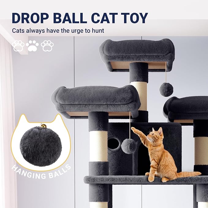 Allewie 82 Inches Large Cat Tree/House/XXL Tall Cat Towers for Big Feline/Scratching Post/Multi-Level Large Kitty Climbing Tree with Condo/Smokey Grey