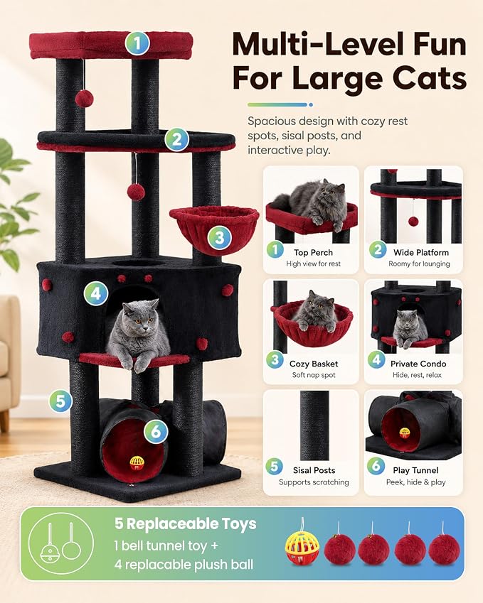 Cat Tree Tower for Large Cats Adult - 60 Inch XXL Sturdy Heavy Duty Extra Wide Scratching Posts (φ4.4in) Condo - Indoor Big Cat House Hammock Perch - XL Wood Multi Level Feline Pet Bed Trees Houses