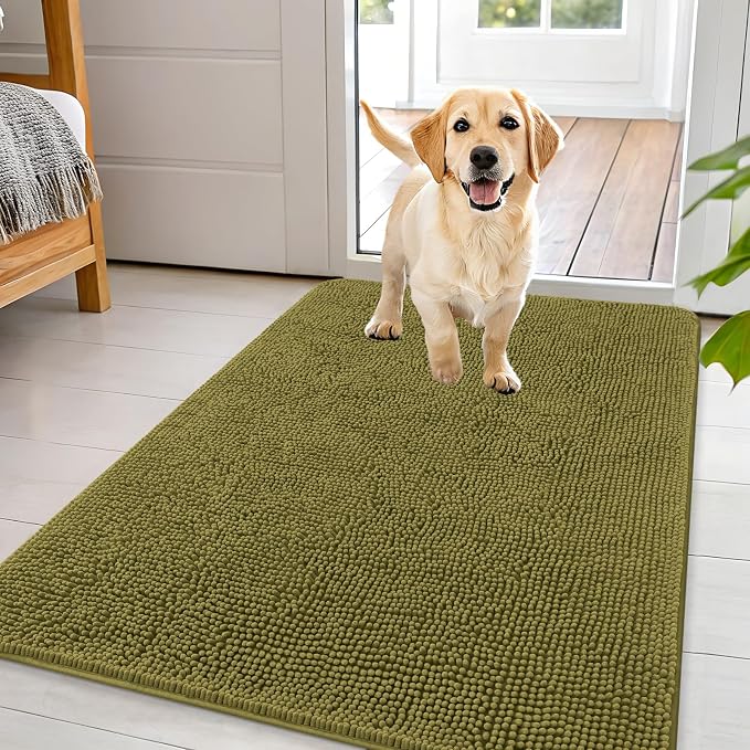 OLANLY Dog Door Mat for Muddy Paws 44x32, Super Absorbent Chenille Mud Mat | Willow Green, Absorbs Moisture and Dirt, Non-Slip Machine Washable Doormat, Quick-Dry Indoor Entryway Floor Carpet for Dogs