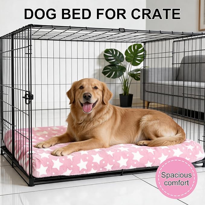 Orthopedic Dog Bed for Large Dogs, Washable Dog Mat with Removable Zippered Cover, Non-Slip Bottom, Comfort Crate Bed (Big&Little Stars Pink, L(35"*23"*3.1"))