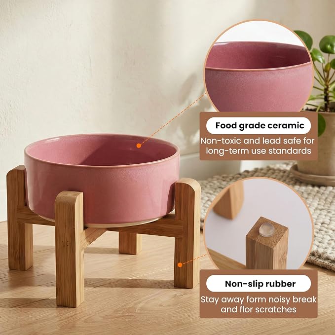 hjn Elevated Ceramic Dog Bowl with Bamboo Stand, Raised Pet Feeding Station for Small Medium Dogs Cats, Modern Design with Anti-Slip Base (Deep Pink, 3.6Cup)