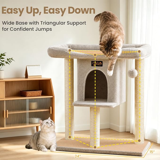 Cat Tree Tower Scratching Post for Indoor Large Adult Cats with Perch Bed | 28in Tall Small Cat Trees House with Big Perch, Condo, Toy Balls, Modern Kitten Climbing Furniture Platform, Light Gray
