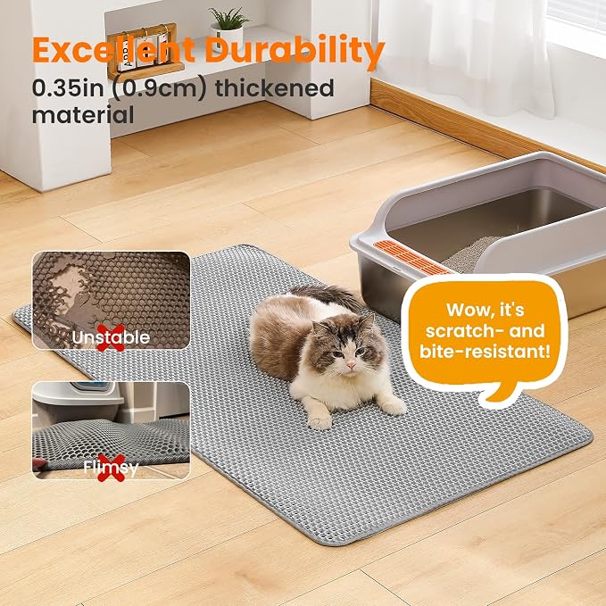 Extra Large Cat Litter Mat XXL, Double Layer Honeycomb, Gray | 46x26”, Reduces Litter Tracking, Easy to Clean, Waterproof, Non-Slip, Soft on Paws, Scratch Resistant, XXL