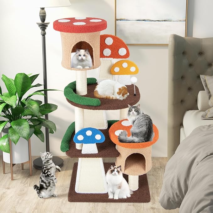 PETSITE Mushroom Cat Tree, 57.5 Inches Tall Multi-Level Cat Tower with Natural Sisal Scratching Posts & Boards, Cat Condo and Teasing Spring Ball, Cute Cat Tree Tower for Indoor Cats Large Adult