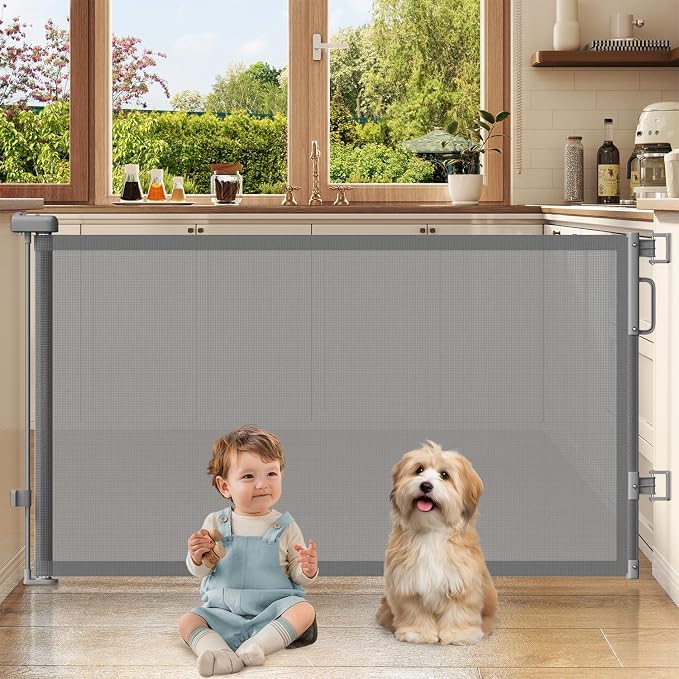 Retractable Baby Gates for Doorways, 58" Extra Wide Mesh Child Dog Gate for Stairs, 34" Tall Toddler Pet Gate Indoor and Outdoor, Easy Install, Home Necessity, Gray