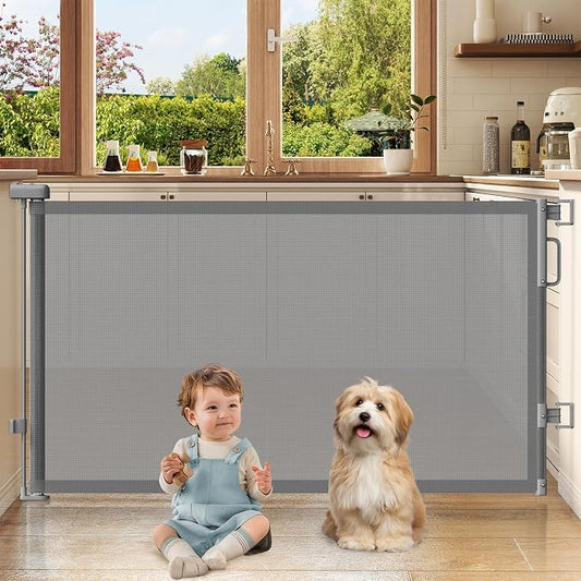 Retractable Baby Gates for Doorways, 58" Extra Wide Mesh Child Dog Gate for Stairs, 34" Tall Toddler Pet Gate Indoor and Outdoor, Easy Install, Home Necessity, Gray