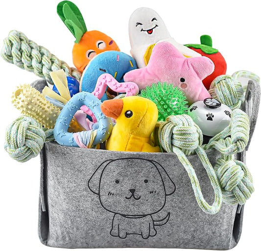 LECHONG 24 Pack Puppy Chew Toys, Dog Teething Toys with Storage Bin, Dog Rope Toys and Squeaky Toys for Boredom, Interactive Dog Toys for Small & Medium Breeds