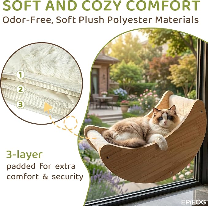 Cat Window Perch White Cushion 14.17" L x 9.53" W x 11.42" H | Sturdy Moon Shaped Sunbathing Bed, Solid Wood, Detachable Soft Cushion, 4 Suction Cups, for Indoor Cats