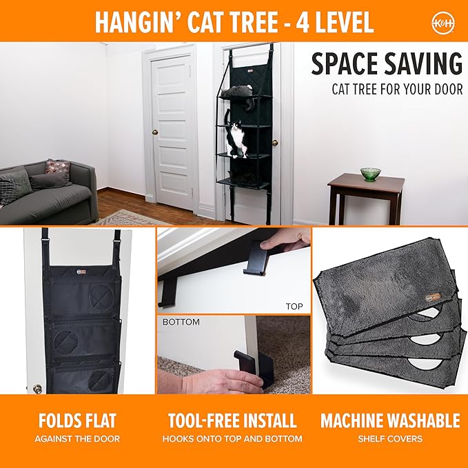 K&H Door Cat Tree, Over the Door Cat Furniture - Gray, Fits Doors <80in H | Space Saving Multi-Level Wall Perch Hammock Bed, Interconnecting Levels, Collapsible, Tool-Free Assembly