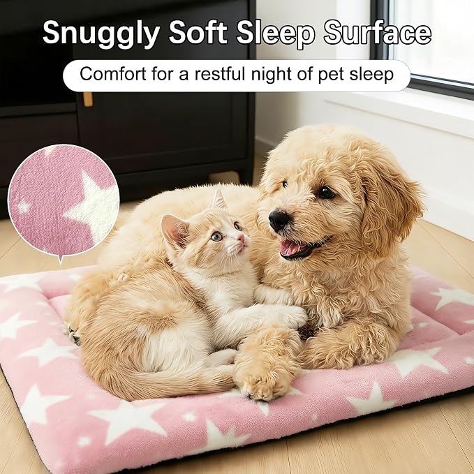 Dog Bed Mat – Soft & Comfortable Dog Kennel Pad for Crate – Durable Crate Bed & Mat for Dogs & Cats – Ideal for Crate, Kennel, and Home Use (Big&Little Stars Pink, S(24"*18"*1.5"))
