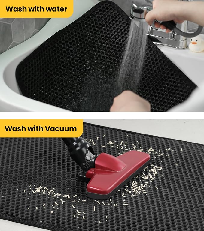 Cat Litter Trapping Mat, 27"x19" Universal Fit Litter Box Floor Mat, Hexagon Grids & Anti-Leak Base, Machine Washable, Non-Slip Kitty Mat for Most Homes, Black