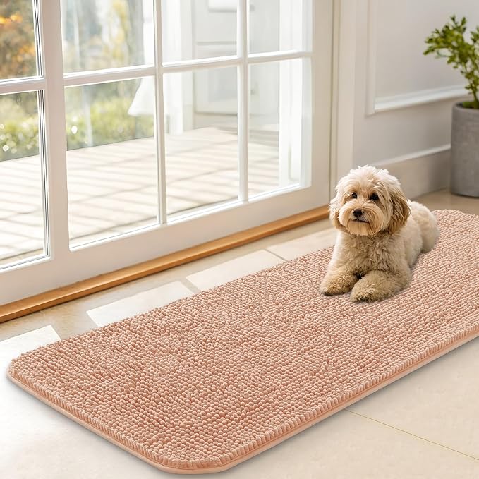 OLANLY Dog Door Mat for Muddy Paws 47x17, Super Absorbent Chenille Mud Mat | Peach, Absorbs Moisture and Dirt, Non-Slip Machine Washable Doormat, Quick-Drying Indoor Entryway Floor Carpet for Dogs