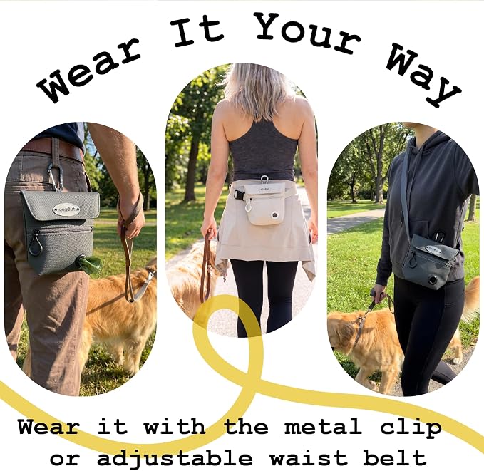 Dog Training Treat Pouch with Silicone Treat Bag, Magnetic Closure, Poop Bag Dispenser, Zippered Pocket, Metal Clip and Adjustable Waist Belt, Beige