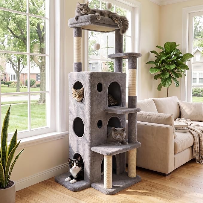 baoheDC 53" Cat Tree for Indoor Cats, Multi-Level Cat Tower with 3 Cozy Cat Condos, Large Top Perch, Sisal Scratching Posts & Climbing Steps, Space-Saving Cat Furniture for Apartments, Grey