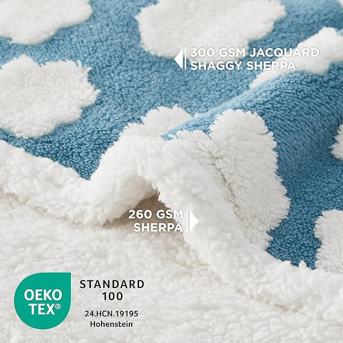 LE SURE Waterproof Dog Blanket for Large Dogs - Washable Double Sided Dog Blankets with Warm Jacquard Shag and Soft Sherpa Fleece, Pet Cat Blanket for Bed Couch Protection, 3D Textured Cloud, Blue