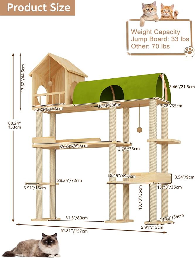 60'' Cat Tree for Automatic Litter Box, for Heavy Cats up to 22lbs | Solid Wood Large Cat Tower with Tunnel & House, Space-Saving for Indoor Multi-Pet Households, Stops Furniture Scratching