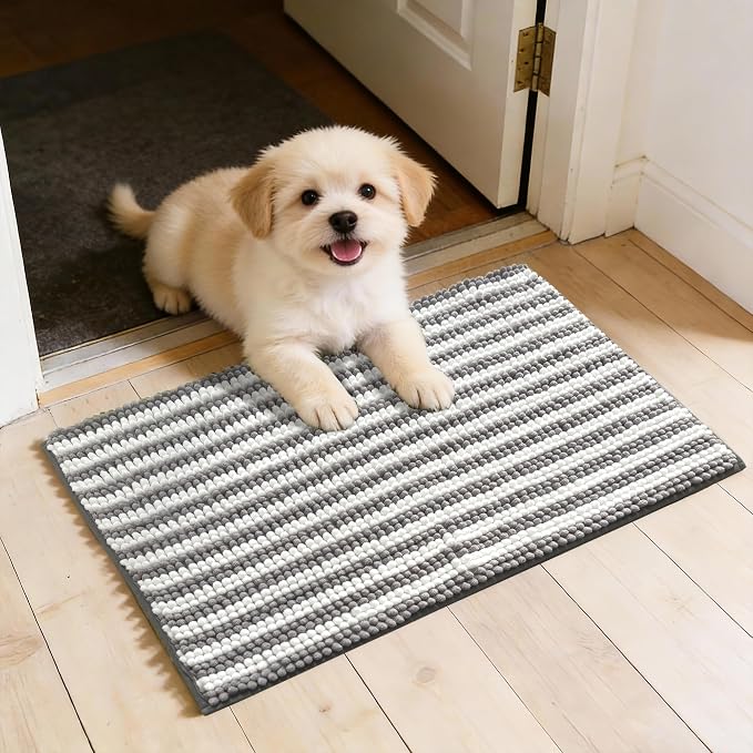 Dog Door Mat for Muddy Paws - Absorbent Quick-Dry Non-Slip Washable Chenille Pet Rug, Indoor Entryway Mat for Front Door & Crate (Gray, 24" L*16" W)