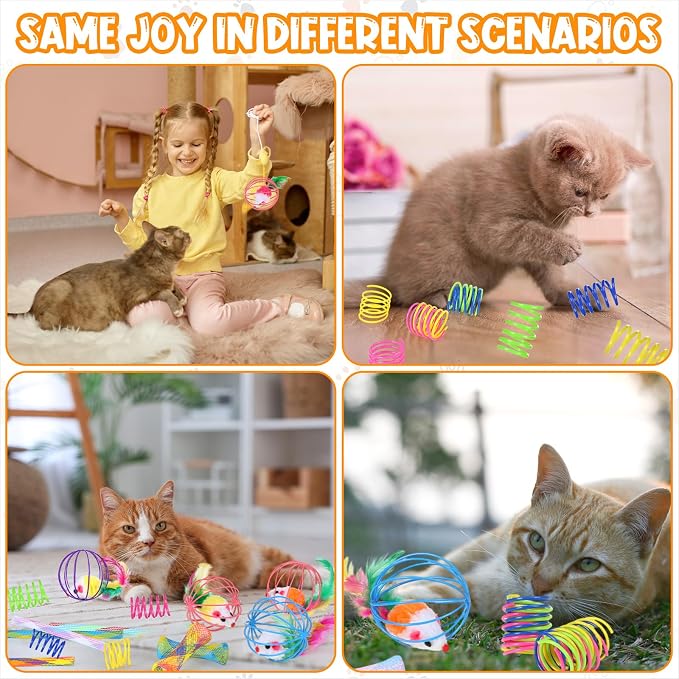 100 Pcs Cat Springs Toys Pack for Indoor Kitten Colorful Cat Supplies Include Interactive Plastic Spring Metal Cage Balls Rolling Mesh Tubes for Kitten Stray Cats to Play Hunt