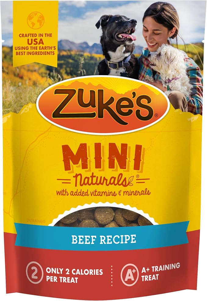 Zuke's Mini Naturals Dog Training Treats, Beef Recipe, 10 oz Pouch | Natural dog treats with real beef, only 2 calories each, soft and chewy bites, in a resealable pouch, made in the USA