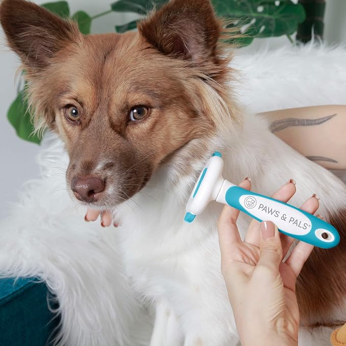 Paws & Pals Dog Brush - Gentle Soft Hair Rake Trimming Comb - Best for Shedding Dogs-Cats, Thick Long Short Haired Pet, Coat Grooming & Cat Hair Fur Removal - Self Cleaning - Deshedding Supplies