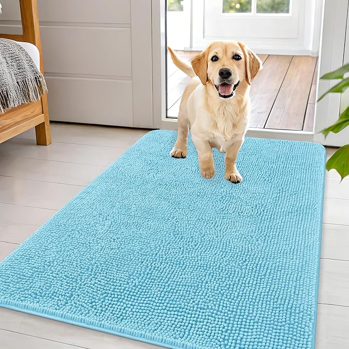 OLANLY Dog Door Mat for Muddy Paws 44x32, Super Absorbent Chenille Mud Mat | Blue, Absorbs Moisture and Dirt, Non-Slip Machine Washable Doormat, Quick-Drying Indoor Entryway Floor Carpet for Dogs