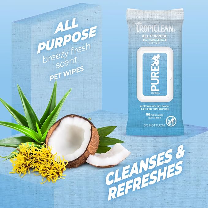 TropiClean Pure All Purpose Dog Wipes, Breezy Fresh Scent, 50ct